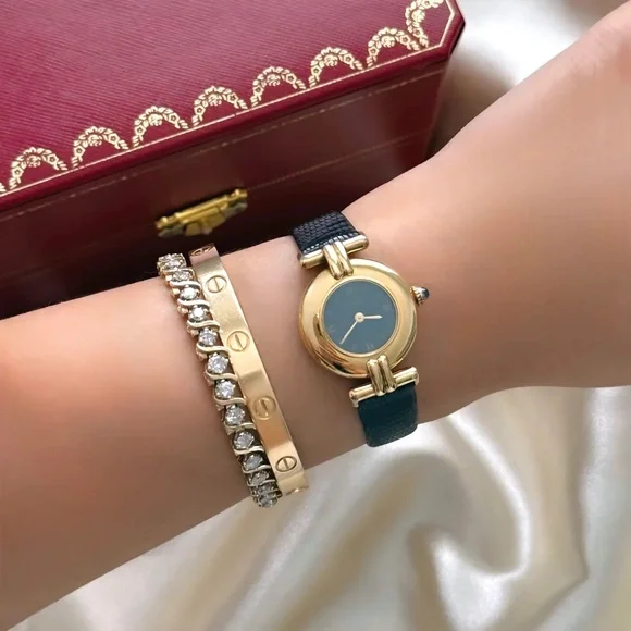 AUTHENTIC VINTAGE CARTIER BLACK LEATHER WATCH - WITH BOX - Picture 2 of 7